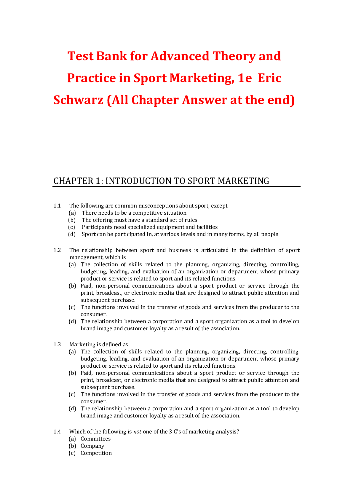 Preview of Advanced Theory and Practice in Sport Marketing 1st Edition By Eric Schwarz | Test Bank